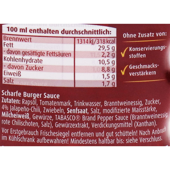 Zutaten & Nährwerte: Burger Sauce 