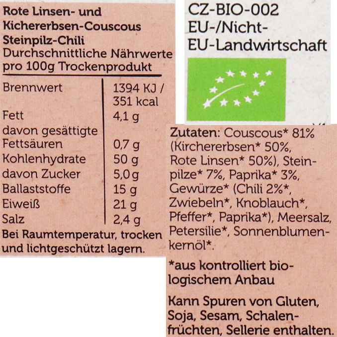 Hans Ranke BIO Rote Linsen- & Kichererbsen-Couscous Steinpilz-Chili