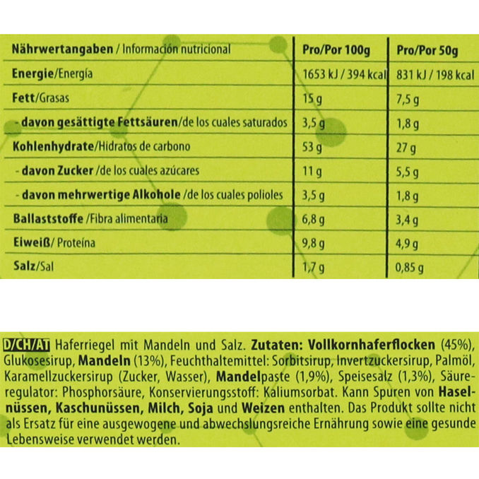 Zutaten & Nährwerte: Energy Haferriegel Salty Almond, 20er Pack