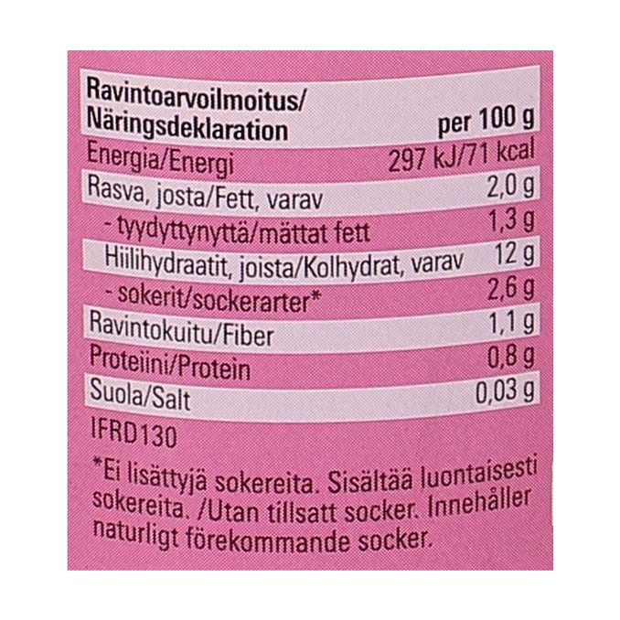 Tuotteen ravintosisältö: Namiriisi Omena & Vadelma 12-pack