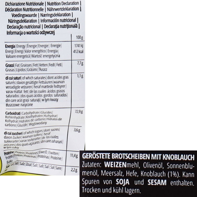 Zutaten & Nährwerte: Bruschetta Olivenöl & Knoblauch