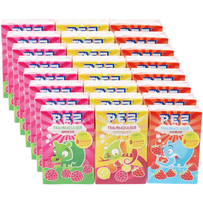 PEZ Traubenzucker Himbeere, Tutti Frutti & Erdbeere, 24er Pack