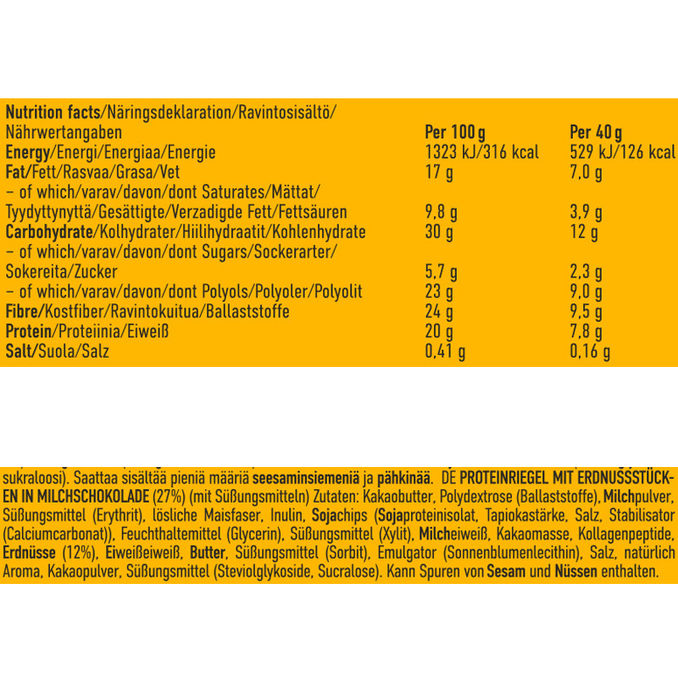 Zutaten & Nährwerte: Proteinriegel Erdnuss & Karamell, 15er Pack