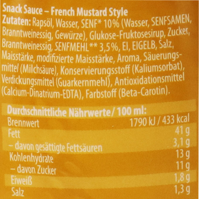 Zutaten & Nährwerte: Snack Sauce French Mustard Style