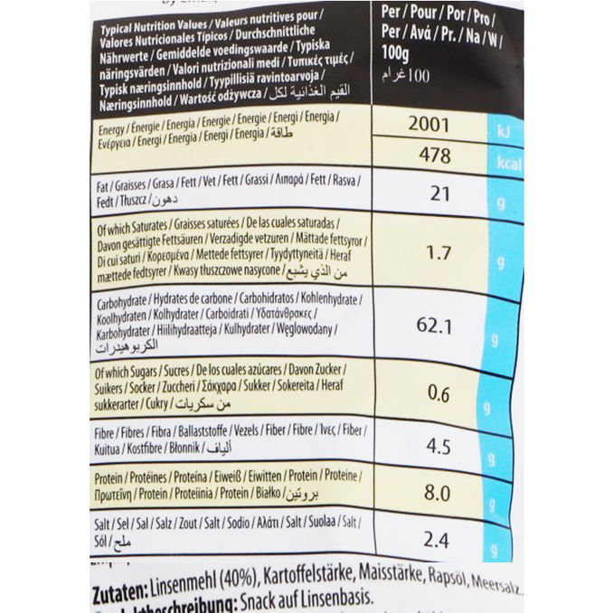 Zutaten & Nährwerte: Vegane Linsenchips mit Meersalz