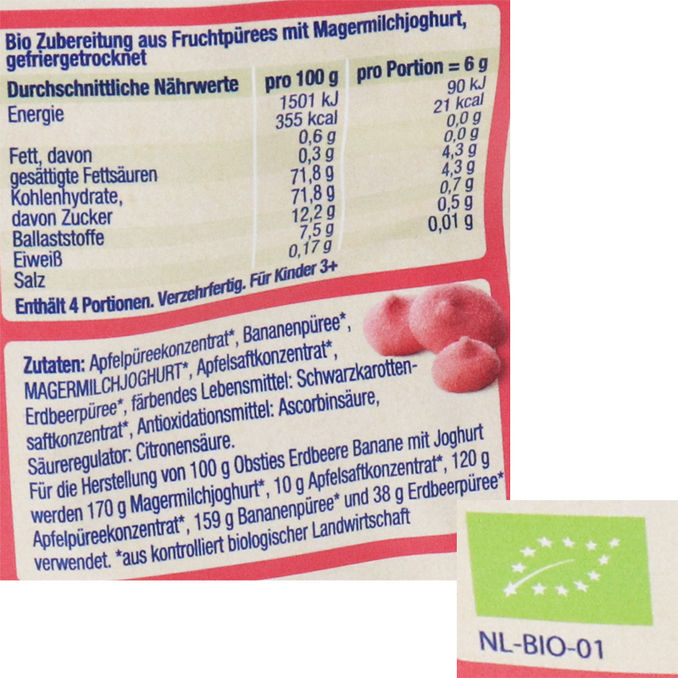 Zutaten & Nährwerte: BIO Obsties Erdbeere, Banane & Joghurt