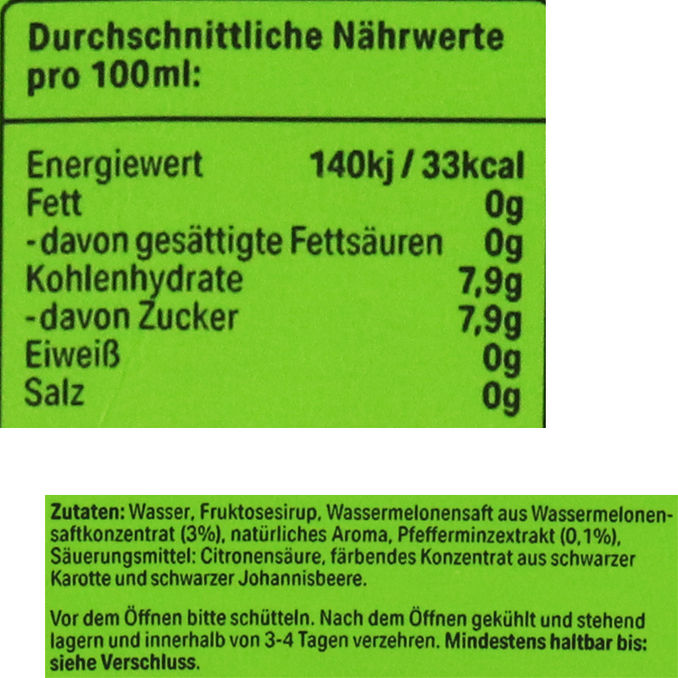 Zutaten & Nährwerte: Wassermelone-Minze-Saft, 8er Pack