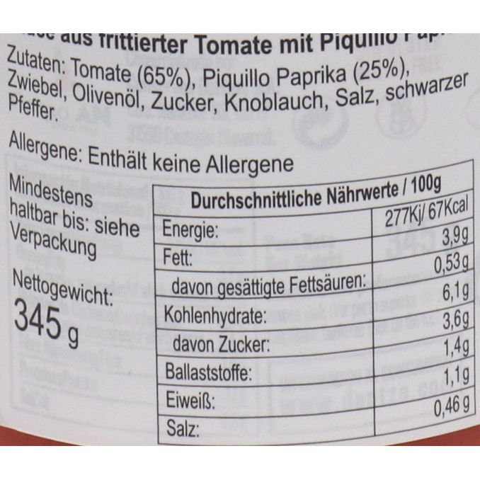 Zutaten & Nährwerte: Tomaten Sauce mit Pfeffer