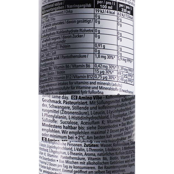 Zutaten & Nährwerte: Energy Drink Amino Vibe Super Pear (EINWEG) zzgl. Pfand