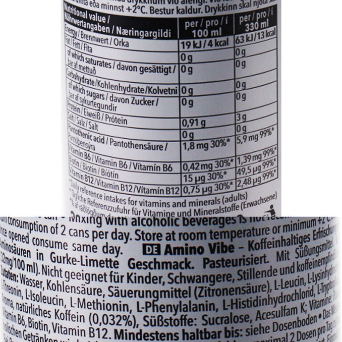 Zutaten & Nährwerte: Energy Drink Amino Vibe Cucumber-Lime (EINWEG) zzgl. Pfand