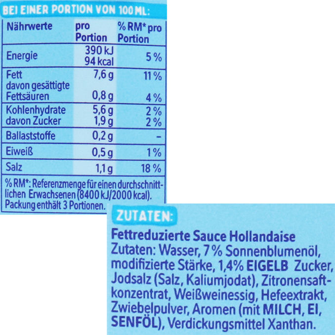 Zutaten & Nährwerte: Hollandaise Sauce Légère +20%