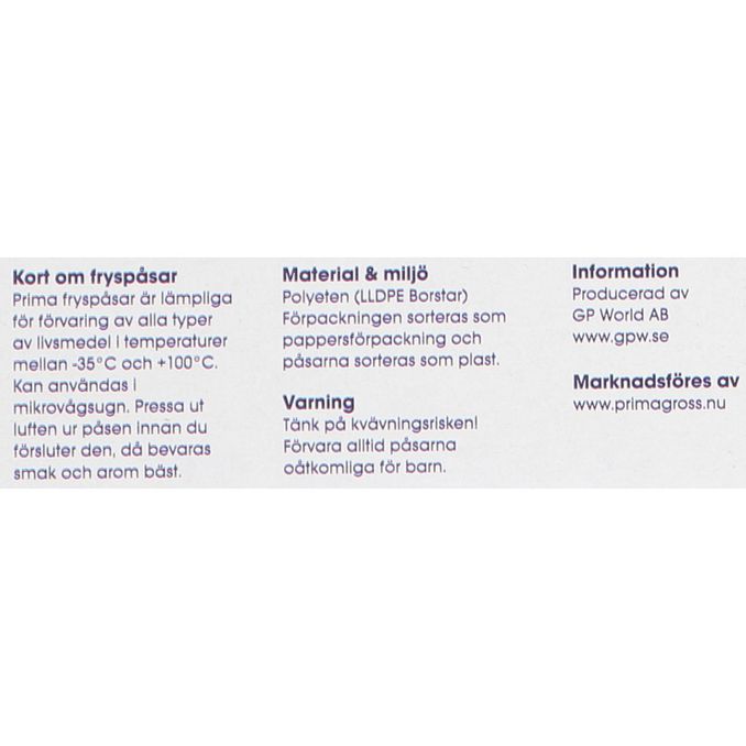 Tuotteen ravintosisältö: Pakastuspussit 3L