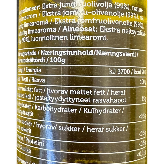 Tuotteen ravintosisältö: Oliiviöljy Lime