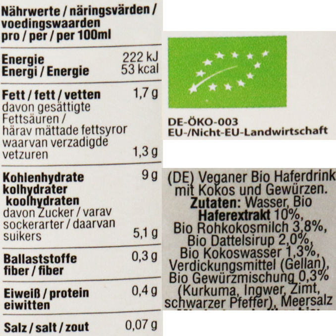 Zutaten & Nährwerte: BIO Kokos-Haferdrink, 8er Pack