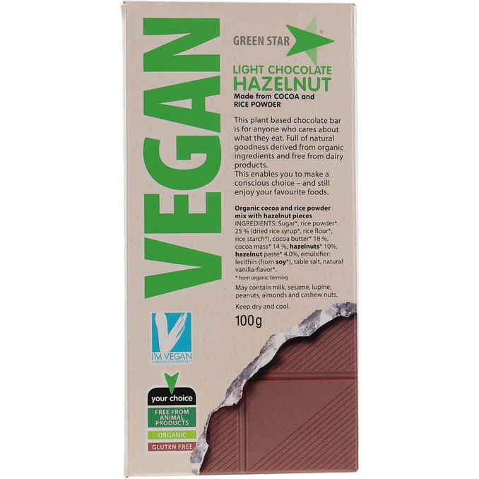 Green Star Vegan Økologisk Vegansk Lys Chokolade m. Hasselnød 100 g