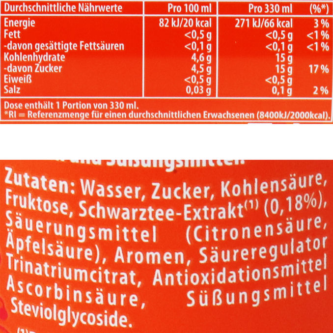 Zutaten & Nährwerte:  Sparkling Eistee Pfirsich, 12er Pack (EINWEG) zzgl. Pfand