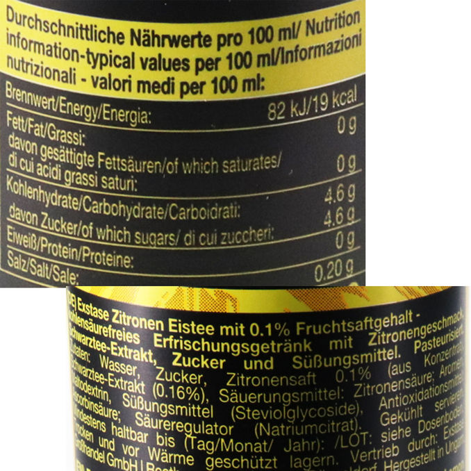 Zutaten & Nährwerte: Exstase Eistee Zitrone, 24er Pack (EINWEG) zzgl. Pfand