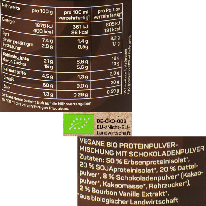 Zutaten & Nährwerte: BIO Vegan Protein Shake Schokolade