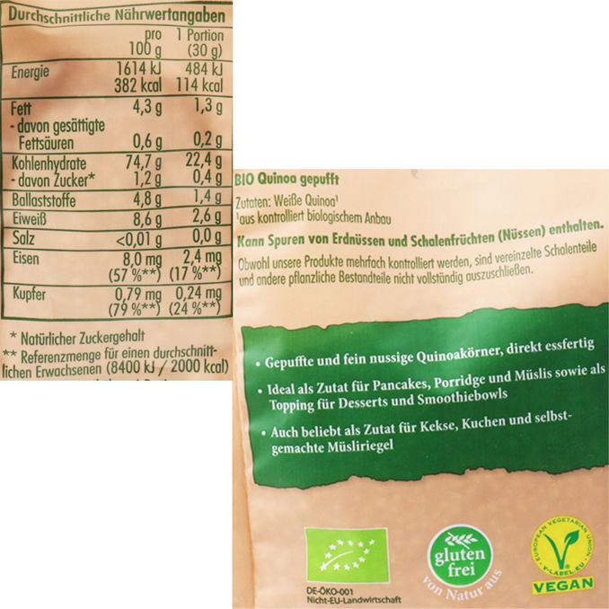 Zutaten & Nährwerte: BIO Quinoa gepufft