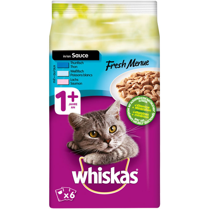 Whiskas Nassfutter für Katzen mit Thunfisch, Weißfisch & Lachs, 6er Pack