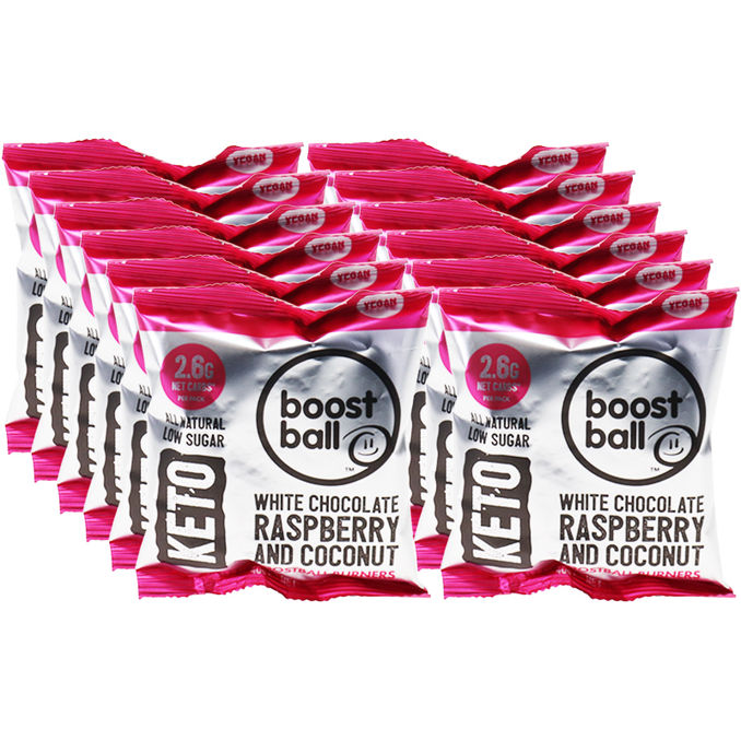 KETO Boost Ball Weiße Schokolade, Himbeere & Kokosnuss, 12er Pack