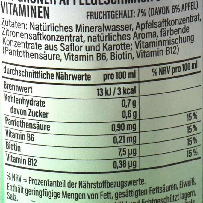 Zutaten & Nährwerte: Erfrischungsgetränk Grüner Apfel, 18er Pack (EINWEG) zzgl. Pfand