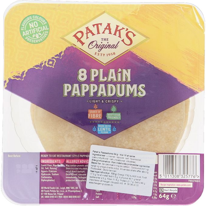 Pataks Pat Pappadums ready to eat plain 64g