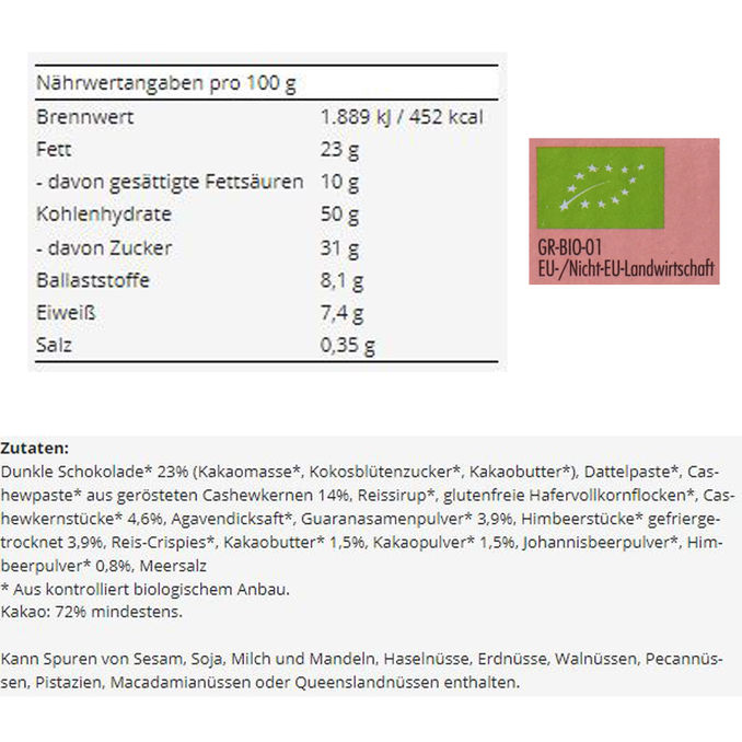 Zutaten & Nährwerte: BIO Koffein Schoko Riegel Cashew Himbeere, 12er Pack