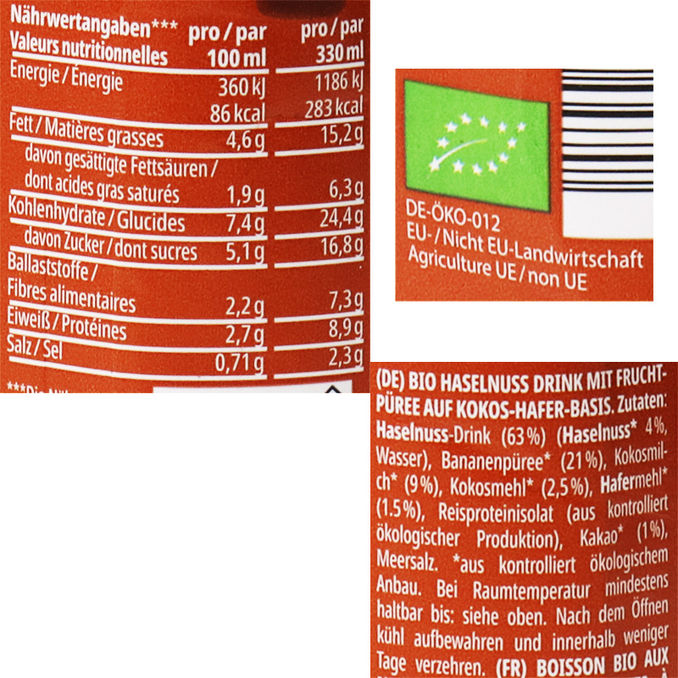 Zutaten & Nährwerte: BIO Hafer-Haselnuss Drink, 15er Pack