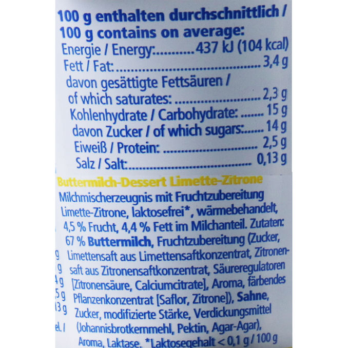 Zutaten & Nährwerte: Buttermilch-Dessert Limette-Zitrone, 20er Pack