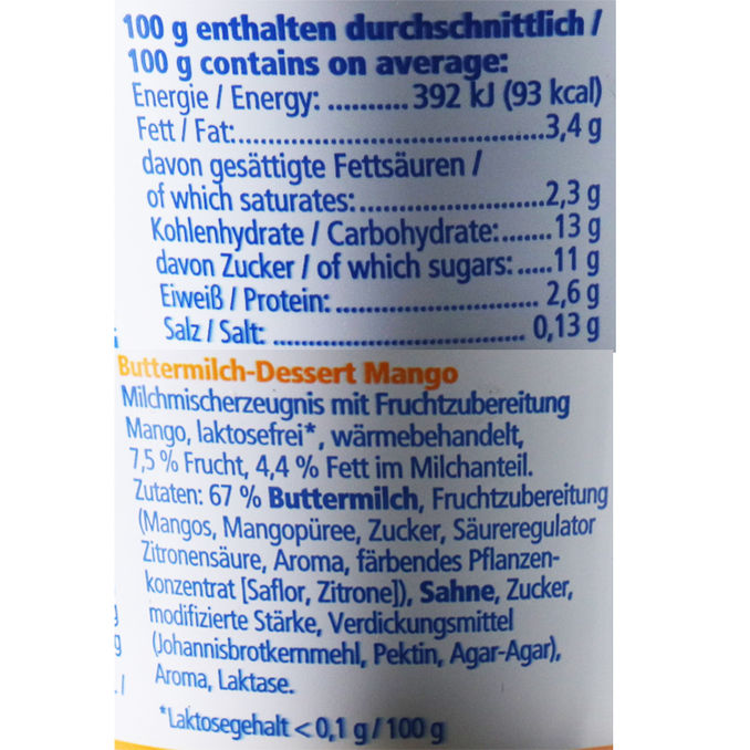 Zutaten & Nährwerte: Buttermilch-Dessert Mango, 20er Pack