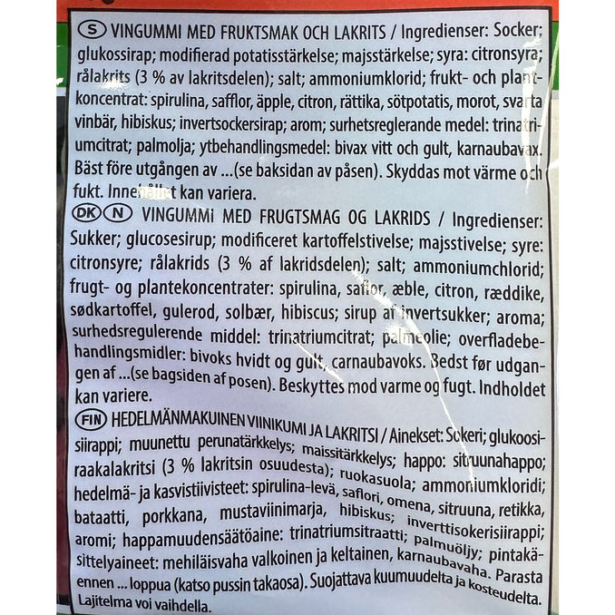 Tuotteen ravintosisältö: Viinikumimakeiset Hedelmä & Lakritsi