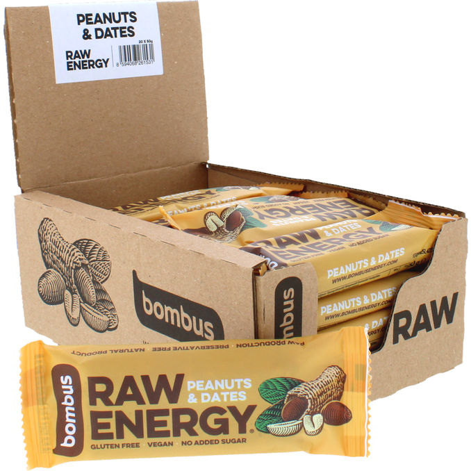 Bombus Raw Energy Välipalapatukat Maapähkinä & Taateli 20-pack