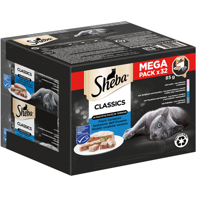 Sheba Nassfutter für Katzen Classics in Pastete Fisch Variation, 32er Pack