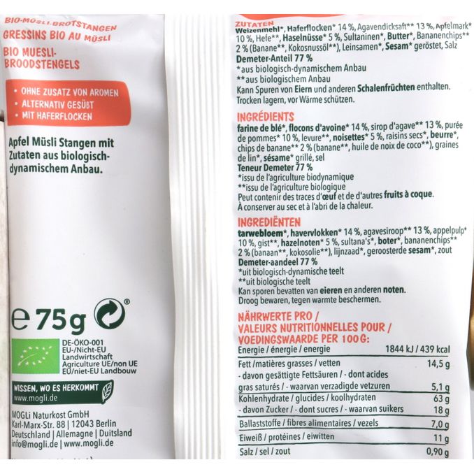 MOGLi BIO Apfel Müsli Stangen mit Hafer & Haselnuss