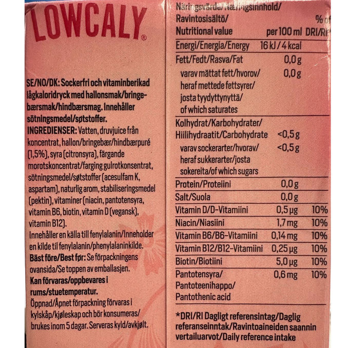 NJIE Lowcaly Frugtdrik Hindbær 1L 10-pak