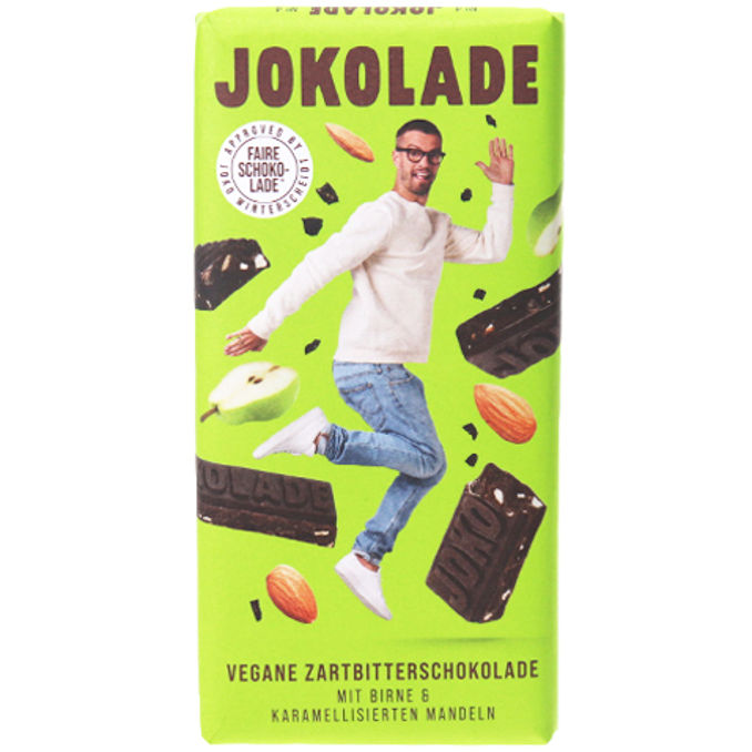 JOKOLADE Dunkle Schokolade mit Birne & karamellisierten Mandeln