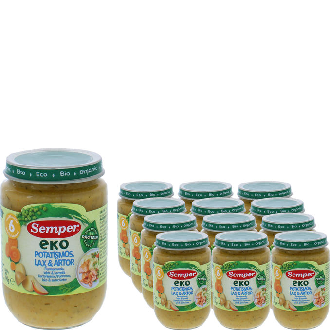 Semper Øko Børnemad Kartoffelmos, Laks & Ærter 12-pak