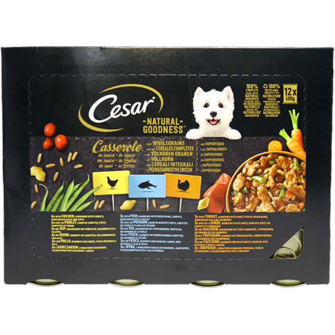 Cesar Casserole in Sauce mit Huhn, Fisch, Truthahn & mit Vollkorn & Superfoods, 12er Pack