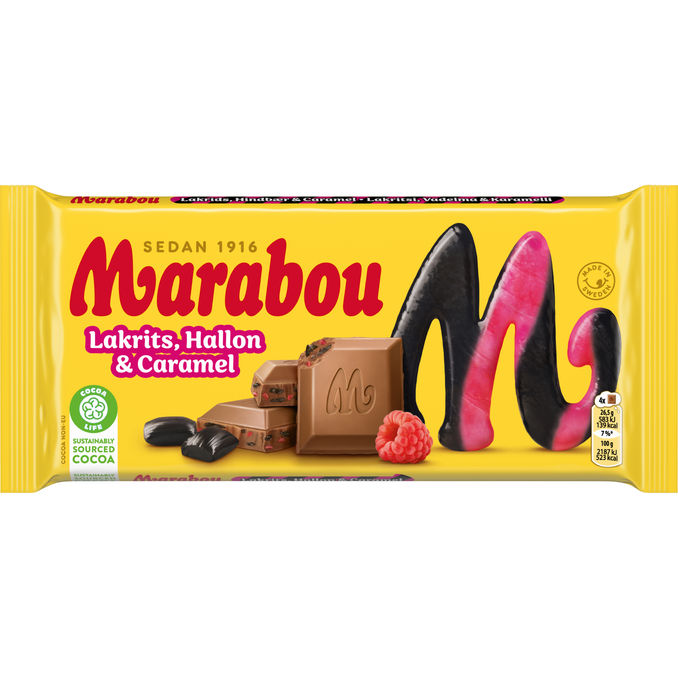 Marabou Mælkechokolade Lakrids, Hindbær & Karamel