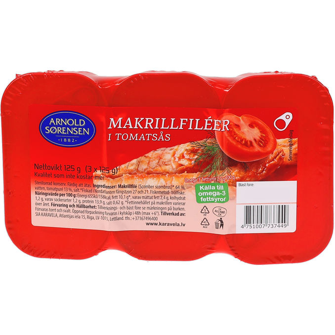 Arnold Sörensen Makrelfilet i Tomat 3 x 125 g