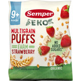 Parasta ennen: 17.05.2026 Semper Luomunaksu Multigrain Puffs Strawberry 9+ kk