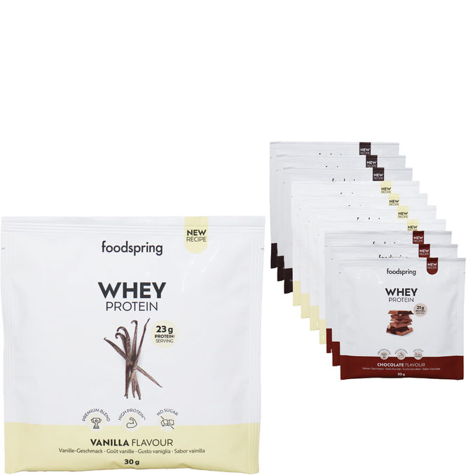 Foodspring Whey Protein To Go Vanille, Schoko, Cookies & Cream, 10er Pack