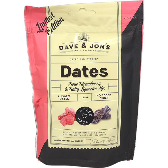 Dave & Jon's Kivettömät Taatelit Mansikka & Suolainen Lakritsi