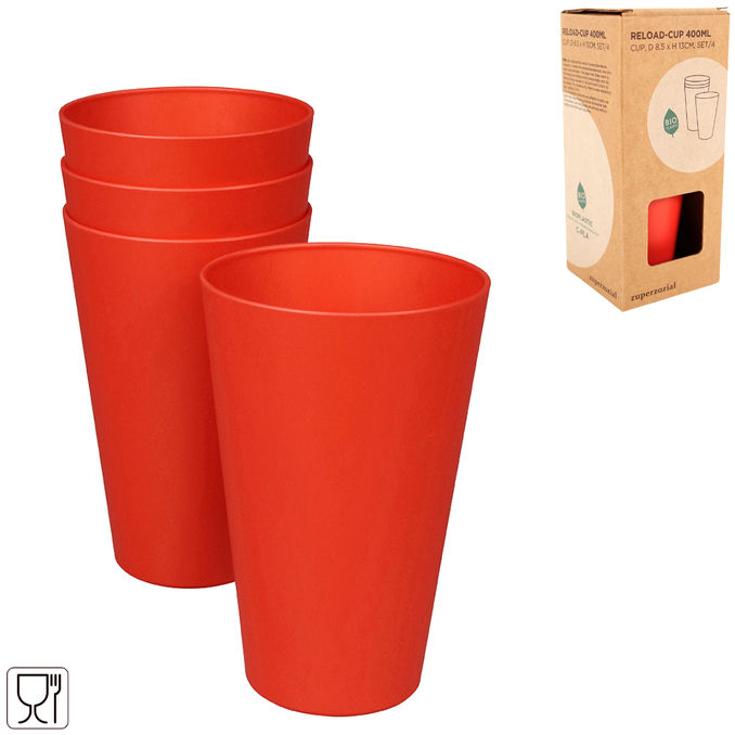 Zuperzozial Roter Becher aus Biokunststoff, 4er-Set