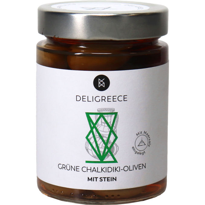 Deligreece Grüne Chalkidiki Oliven mit Stein in Salzlake