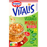 Mindestens haltbar bis: 28.02.2026 Dr. Oetker Veganes Knuspermüssli Apfel Weiße Schokolade
