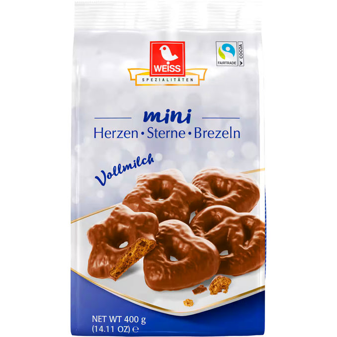 Weiss Mini-Vollmilch Herzen, Sterne & Brezeln