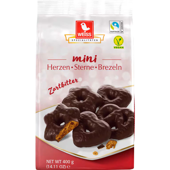 Weiss Mini-Zartbitter Herzen, Sterne, Brezeln