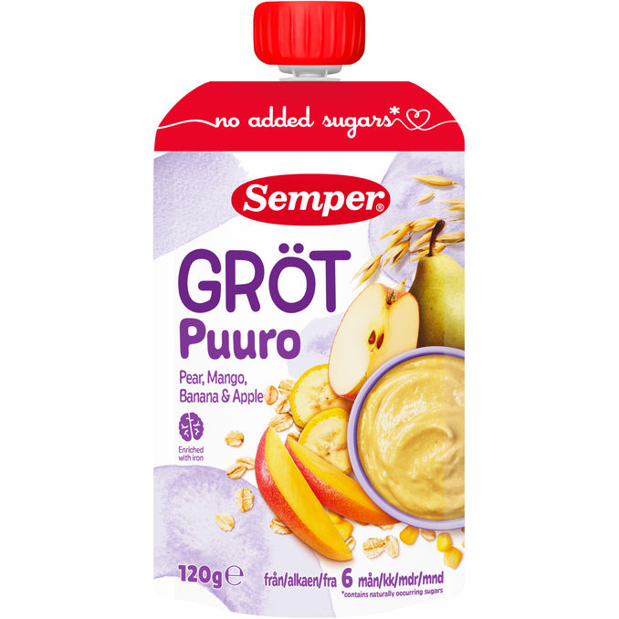 Semper Grød m. Pære, Mango, Banan 6m+